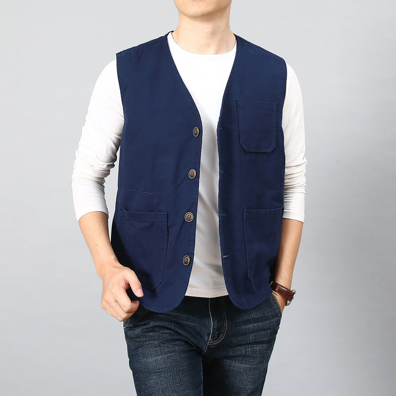 Unisex Canvas-Utility-Weste mit gestreiftem Innenfutter, aufgesetzten Taschen und Knopfverschluss – Marzano