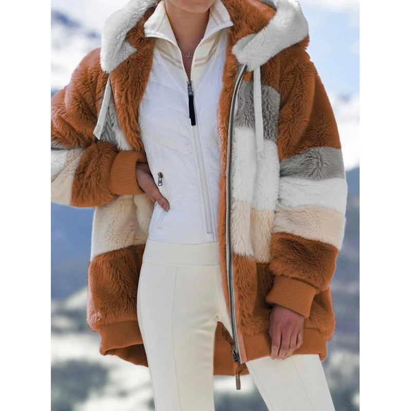 Damen Gestreifte Oversize-Teddyjacke mit Kapuze, Reißverschluss und Rippbündchen Echo Archiv
