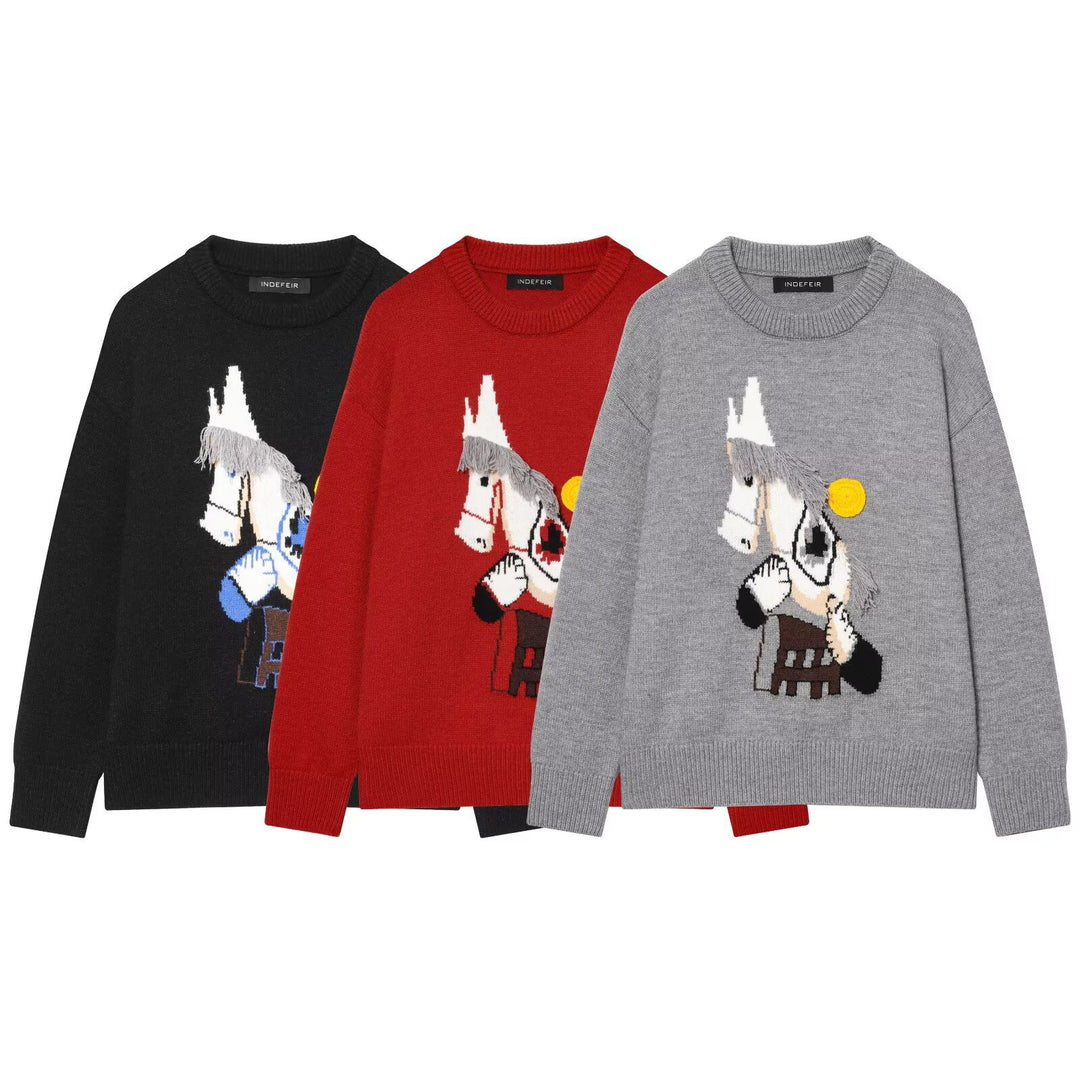 Damen Strickpullover mit Pferde-Motiv und Fransenapplikation, Oversize-Rundhals Echoarchiv