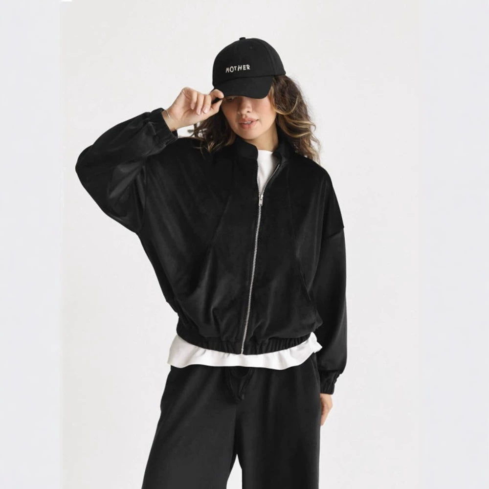 Damen ausgestelltes Velours-Jogginganzug-Set mit kurzer Reißverschlussjacke und hochtaillierter Kordelhose – Avérine