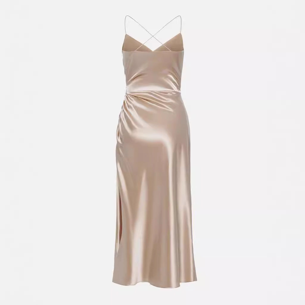 Damen Luxuriöses Satin-Cocktailkleid mit Drapierung und seitlichem Schlitz Echoarchiv