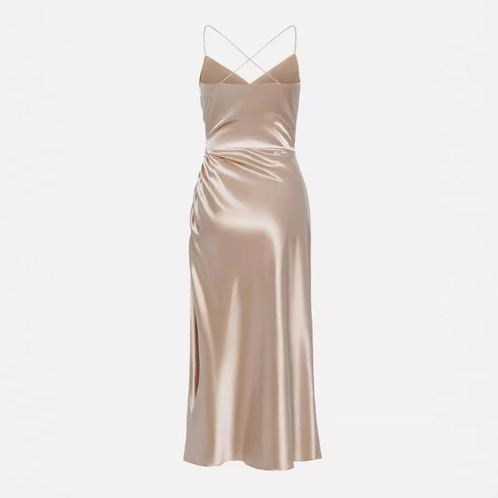 Damen Luxuriöses Satin-Cocktailkleid mit Drapierung und seitlichem Schlitz Echoarchiv