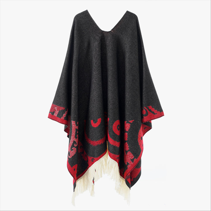 Damen Wollmix-Medallionponcho mit V-Ausschnitt und Fransensaum Echo Archiv