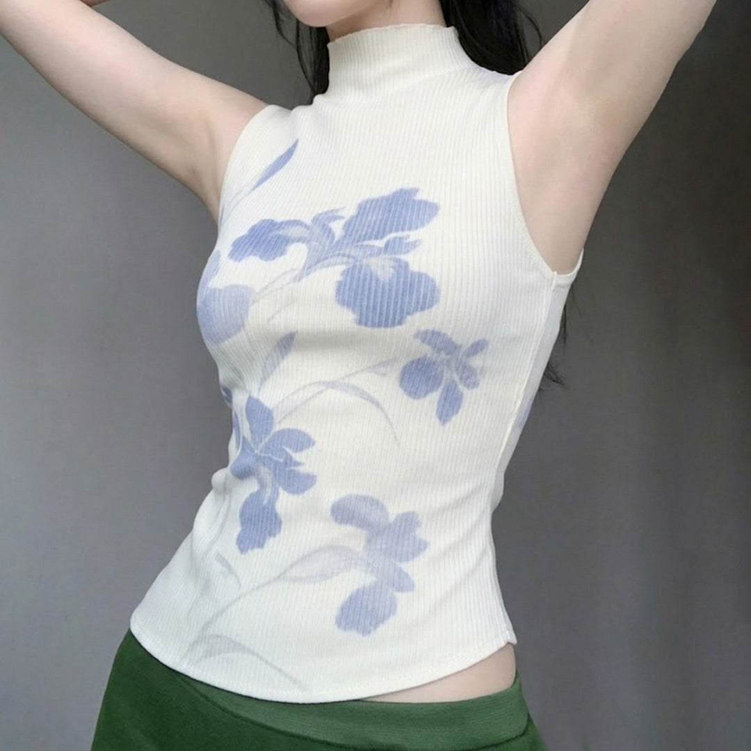 Damen ärmelloses Oberteil mit floralem Druck und elegantem Stehkragen Echo Archiv