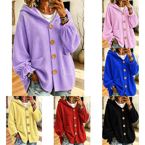 Damen Oversize Kapuzen-Strickjacke mit Waffelstruktur und Holzknöpfen Echo Archiv