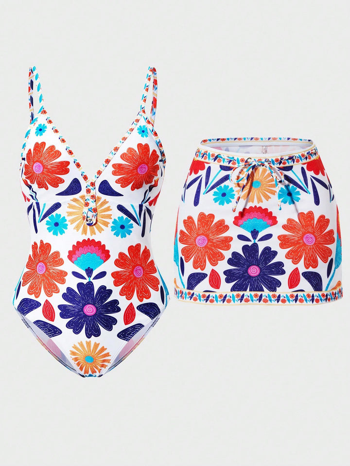 Damen Bikini-Set mit floralem Design und passendem Rock Echo Archiv