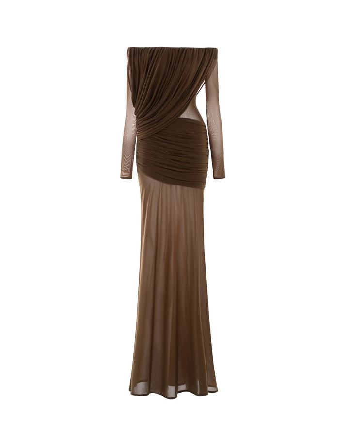 Damen Langarm Maxikleid mit Drapier-Design und schulterfreiem Ausschnitt Echo Archiv