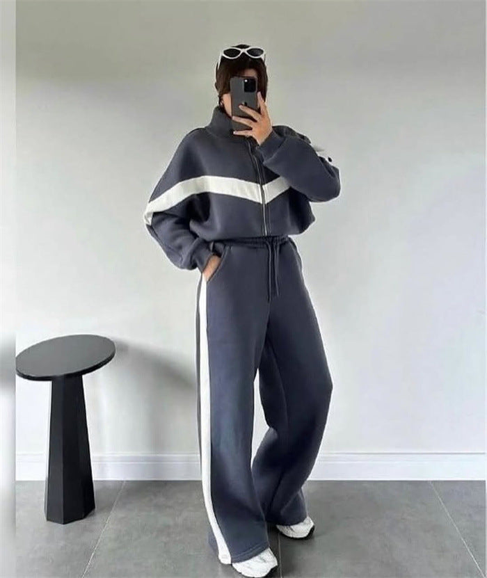 Damen nan zweiteiliges Lounge-Set mit Zip-Hoodie und weitem Highwaist-Hose mit Seitenstreifen Echo Archiv