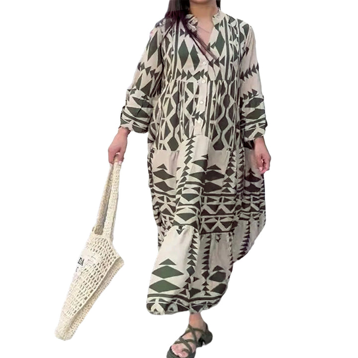 Damen Lockeres Maxikleid im Boho‑Stil mit grafischem Print, V‑Ausschnitt und Knopfleiste Echo Archiv
