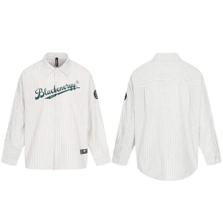 Herren Oversize-Hemdjacke im Baseball‑Inspired Stil mit Streifen, Logoprint und Abzeichenapplikationen Echoarchiv