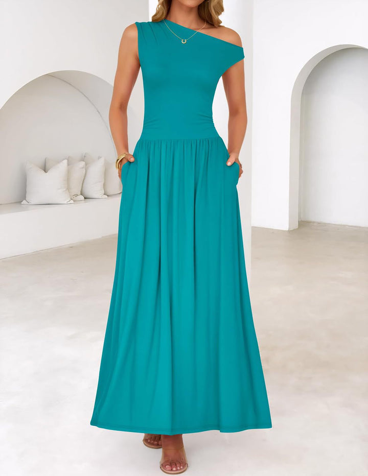 Damen Asymmetrisches Maxikleid mit One-Shoulder, Taillenbetonung und Seitentaschen Echo Archiv