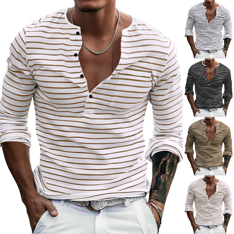 Herren Langarm-Henley-Shirt mit modischem Streifenmuster Echoarchiv