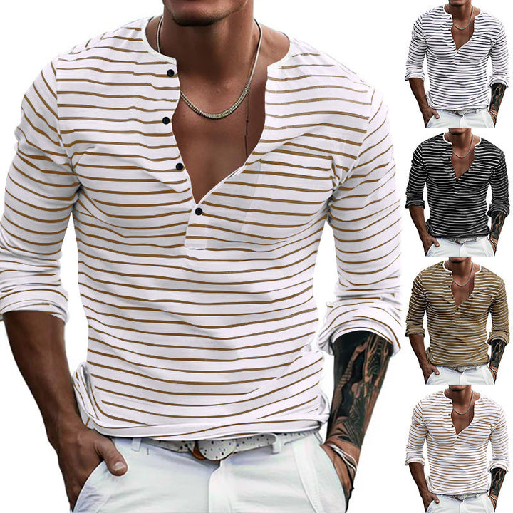 Herren Langarm-Henley-Shirt mit modischem Streifenmuster Echoarchiv
