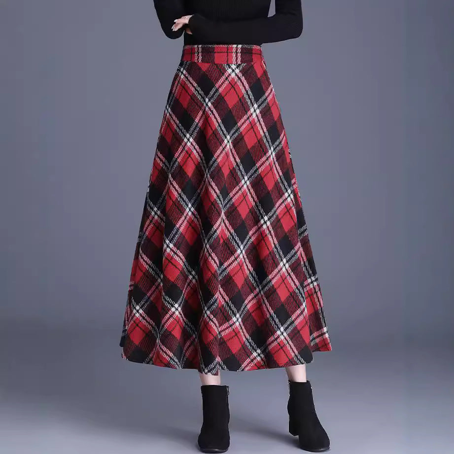 Damen nan weiter karierter Tellerrock aus Wollmix mit hoher Taille und Eingrifftaschen Echo Archiv