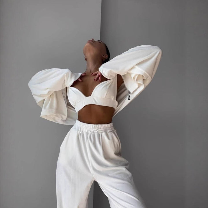 Damen kurzes Samt-Cropped-Zipshirt mit weitem High‑Waist Palazzo‑Hose Zweiteiler – Élanora