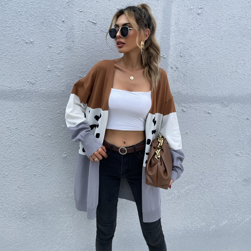 Damen Offene Longcardigan im Blockdesign mit Animal‑Intarsien und gerippten Abschlüssen Echoarchiv