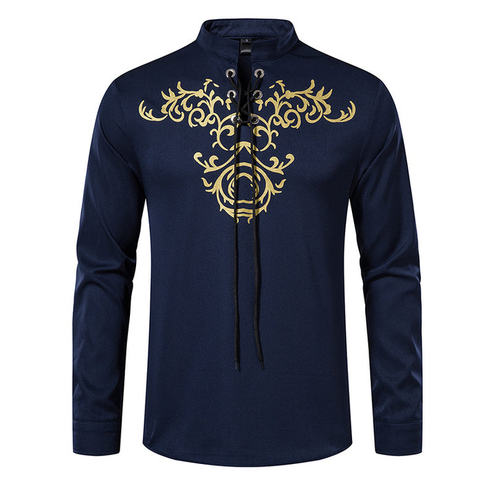 Herren Langarmshirt im asiatischen Stil mit kunstvollem Schnürungsdesign und modernen Akzenten Echoarchiv