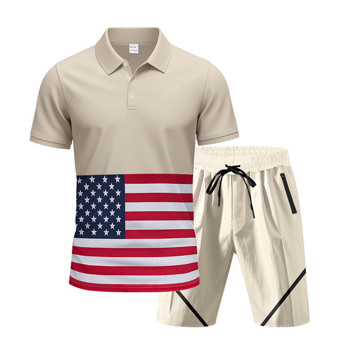 Herren Polo-Shirt und Shorts-Set mit Flaggenmotiven und modernem Schnitt Echoarchiv
