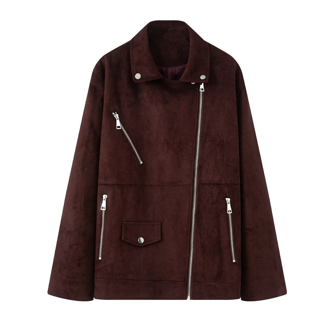 Damen Bikerjacke im Oversized Wildlederoptik mit asymmetrischem Reißverschluss Echoarchiv