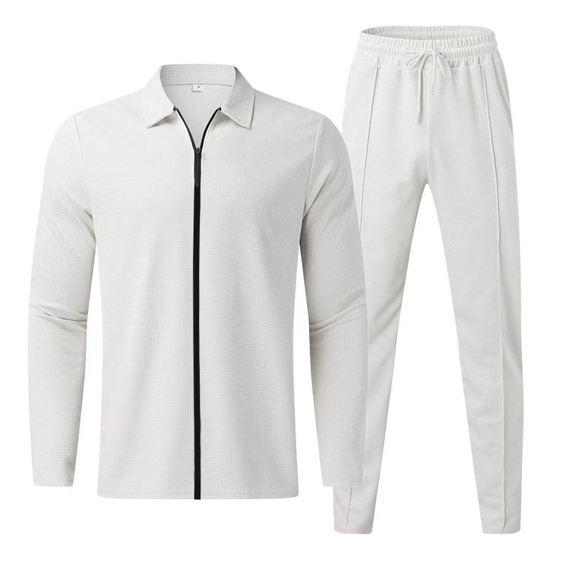 Herren Strukturiertes Waffel-Loungewear-Set mit Kragen-Halbzip & Kordelzughose – Cavarno