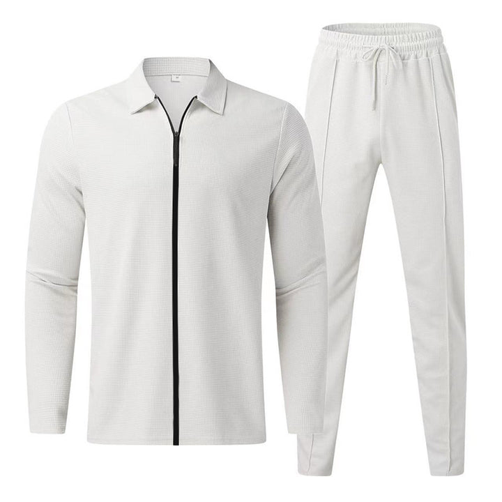 Herren Strukturiertes Waffel-Loungewear-Set mit Kragen-Halbzip & Kordelzughose – Cavarno