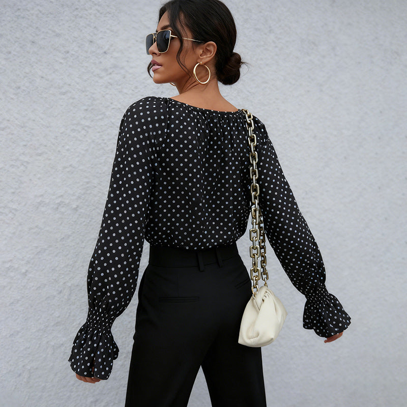 Damen Chiffonbluse mit Polka-Dots, BindEchoarchivand-Ausschnitt und smockgesmokten Manschetten Echoarchiv