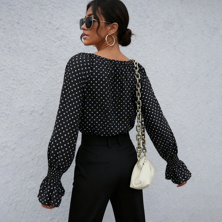 Damen Chiffonbluse mit Polka-Dots, BindEchoarchivand-Ausschnitt und smockgesmokten Manschetten Echoarchiv
