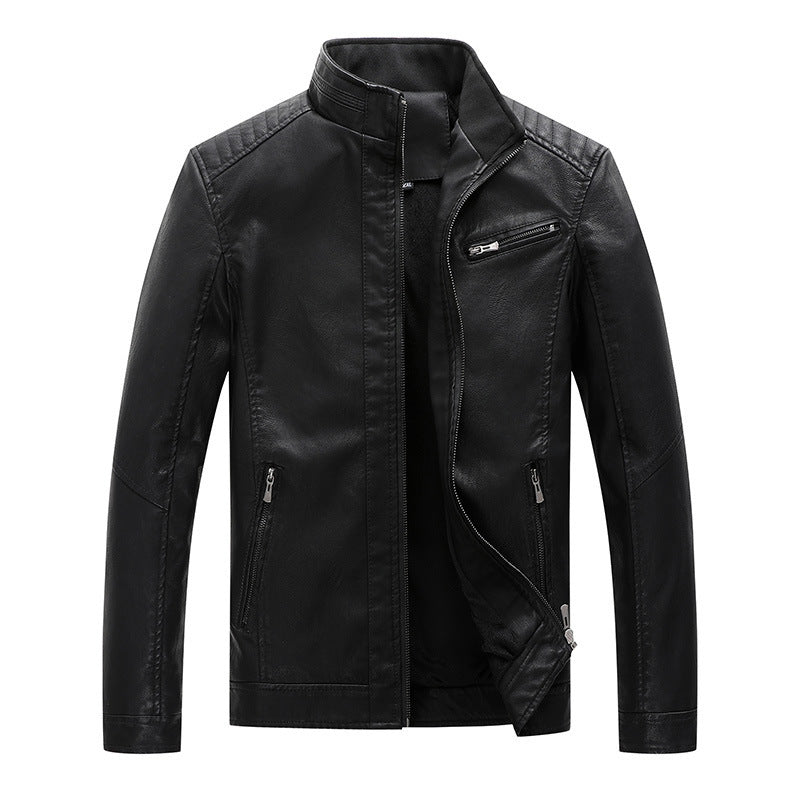 Herren Lederimitat Bikerjacke mit Stehkragen und Reißverschlusstaschen – Valtoré