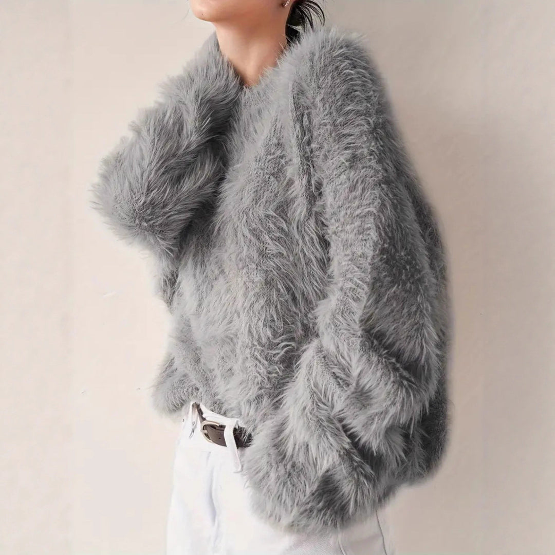 Damen Lang geschnittener Kuschel-Feinstrickpullover mit weichem Flormix, Rundhalsausschnitt und legerer Silhouette – Mavelle