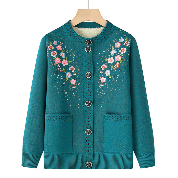 Damen bestickte Strickjacke mit Rundhals, aufgesetzten Taschen und dekorativer Knopfleiste – Veloura