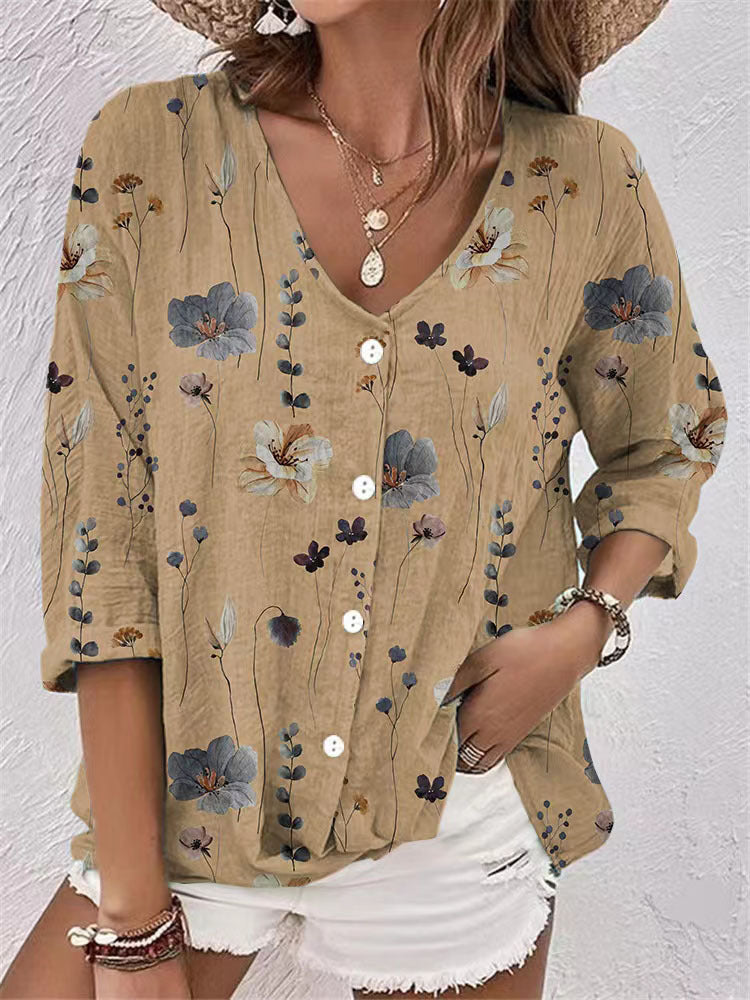 Damen Bluse mit Floralem Druck und Modernem Knopfdesign Echoarchiv