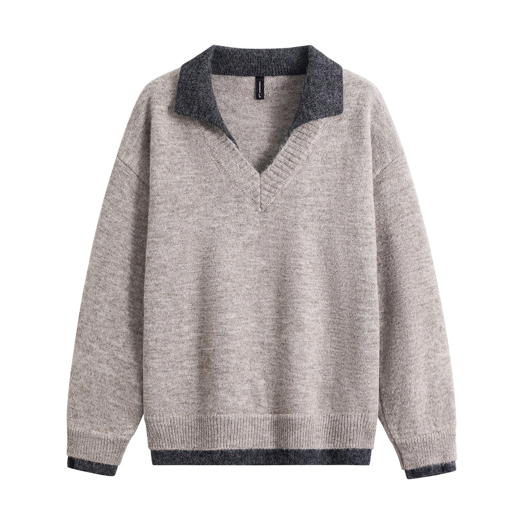 Herren Oversize-Pullover mit kontrastierendem Kragen, V‑Ausschnitt und weichem Fleeceinnenfutter Echoarchiv