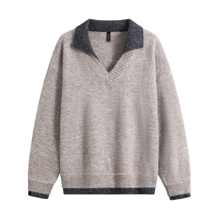 Herren Oversize-Pullover mit kontrastierendem Kragen, V‑Ausschnitt und weichem Fleeceinnenfutter Echoarchiv