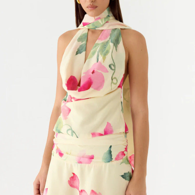 Damen Elegantes Chiffon-Top mit floralem Halsband und tiefem Ausschnitt Echo Archiv