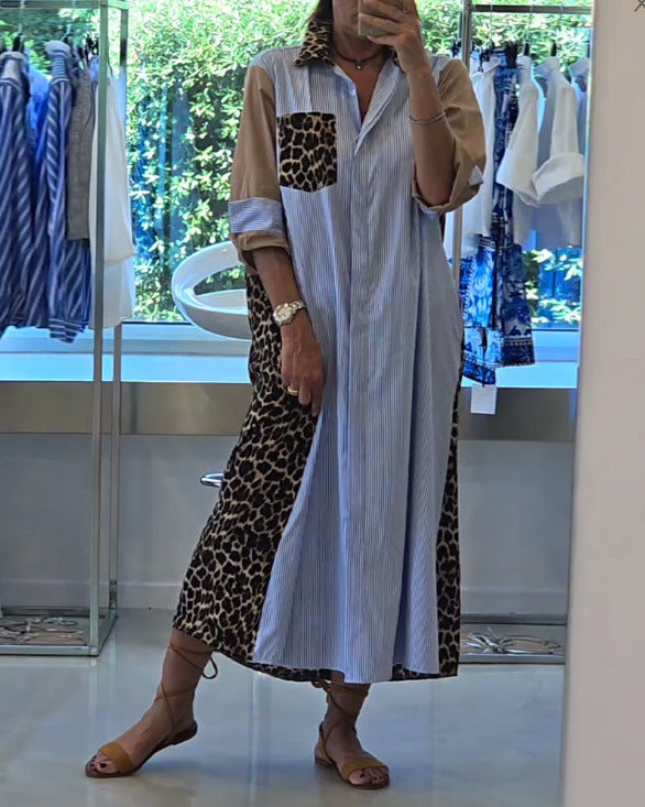 Damen nan Hemdblusenkleid im Printmix mit Leoprint-Seiteneinsätzen, Nadelstreifen-Passe und aufkrempelbaren Ärmeln Echo Archiv