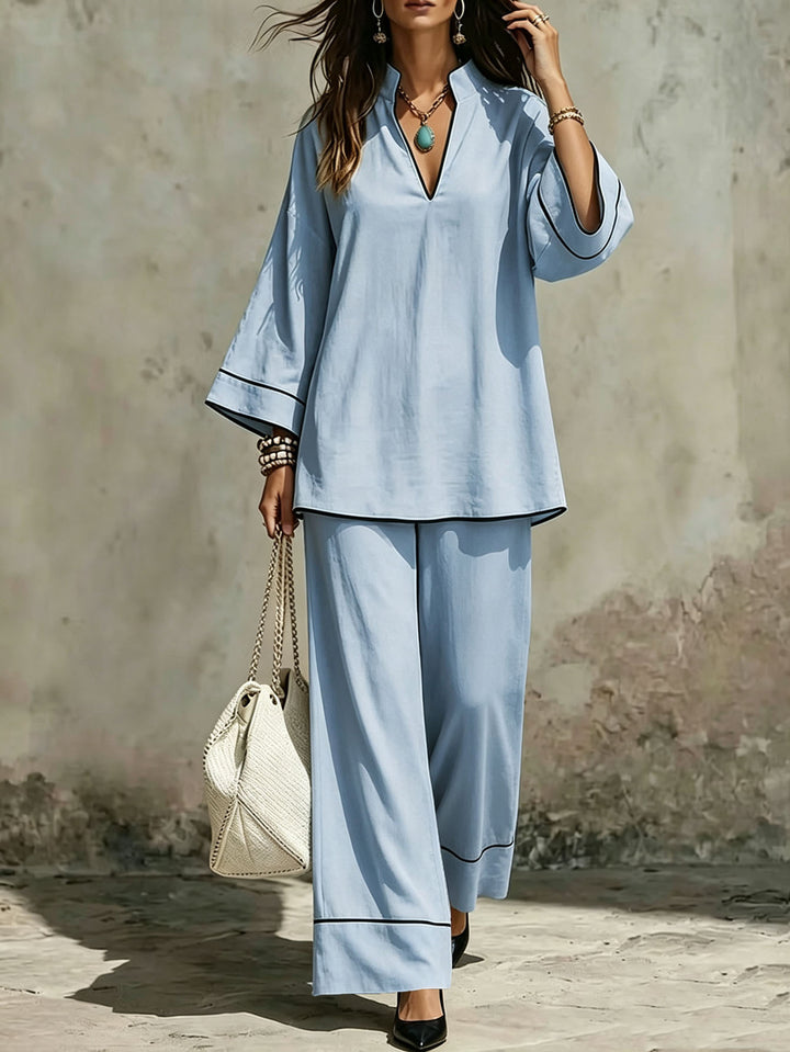 Damen Lässiges zweiteiliges Leinenoptik-Loungewear-Set mit Stehkragen, V-Ausschnitt und weitem Beinschnitt Echoarchiv
