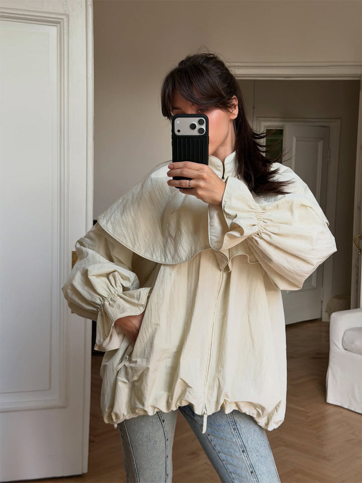 Damen Oversize-Jacke mit Cape-Kragen, Ballonärmeln und Kordelzug Echoarchiv