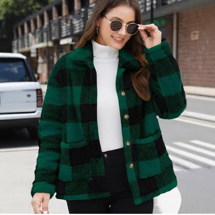 Damen nan gefütterte Karo Teddy-Fleece Shacket mit Knopfleiste und aufgesetzten Taschen Echo Archiv
