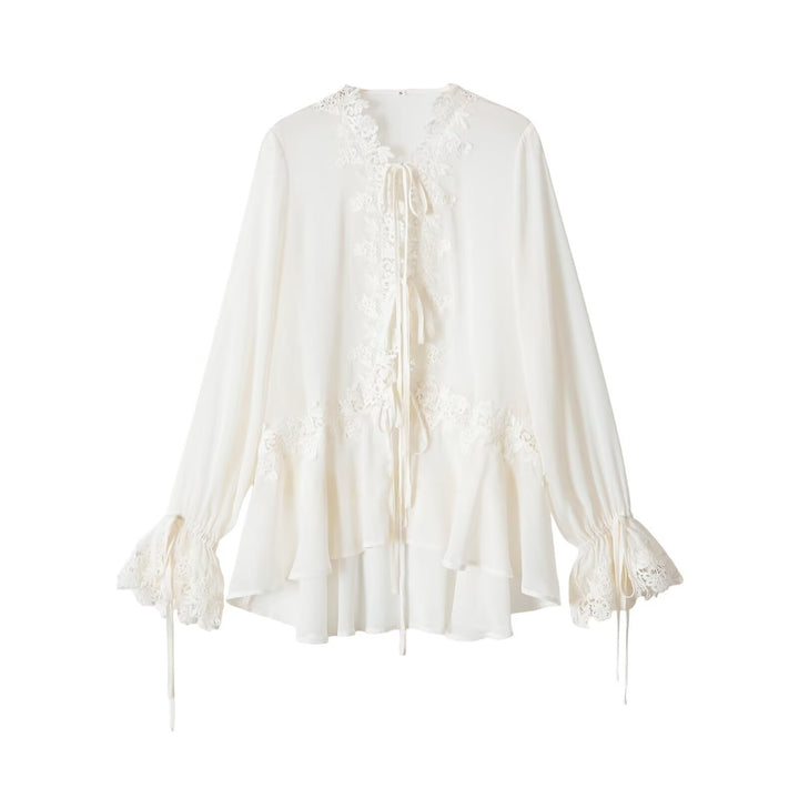 Damen Boho-Spitzenbluse mit Volants, langen Rüschenärmeln und Bindebändern Echo Archiv