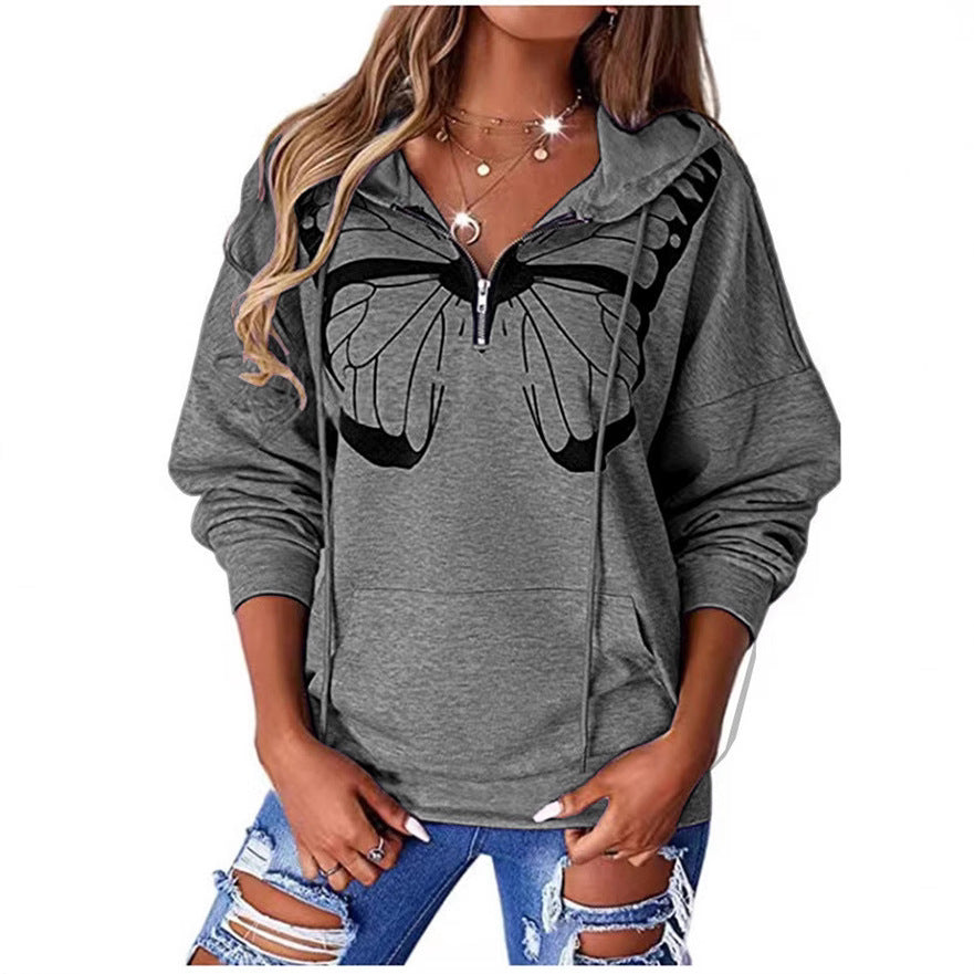 Damen Kapuzenpullover mit halbhohem Reißverschluss und Schmetterlingsprint – Auréline