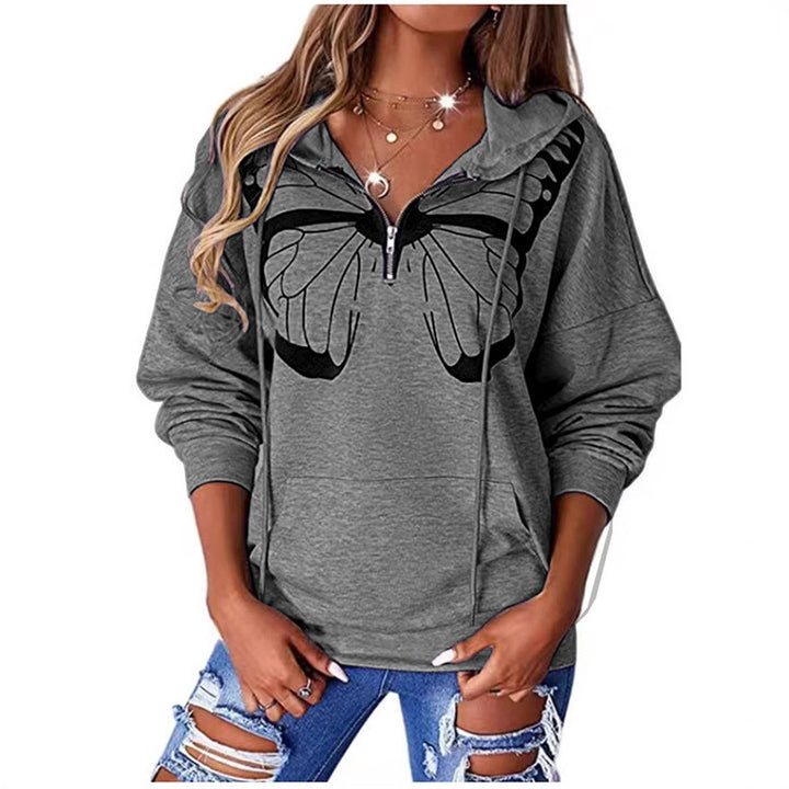 Damen Kapuzenpullover mit halbhohem Reißverschluss und Schmetterlingsprint – Auréline