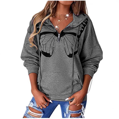 Damen Kapuzenpullover mit halbhohem Reißverschluss und Schmetterlingsprint – Auréline