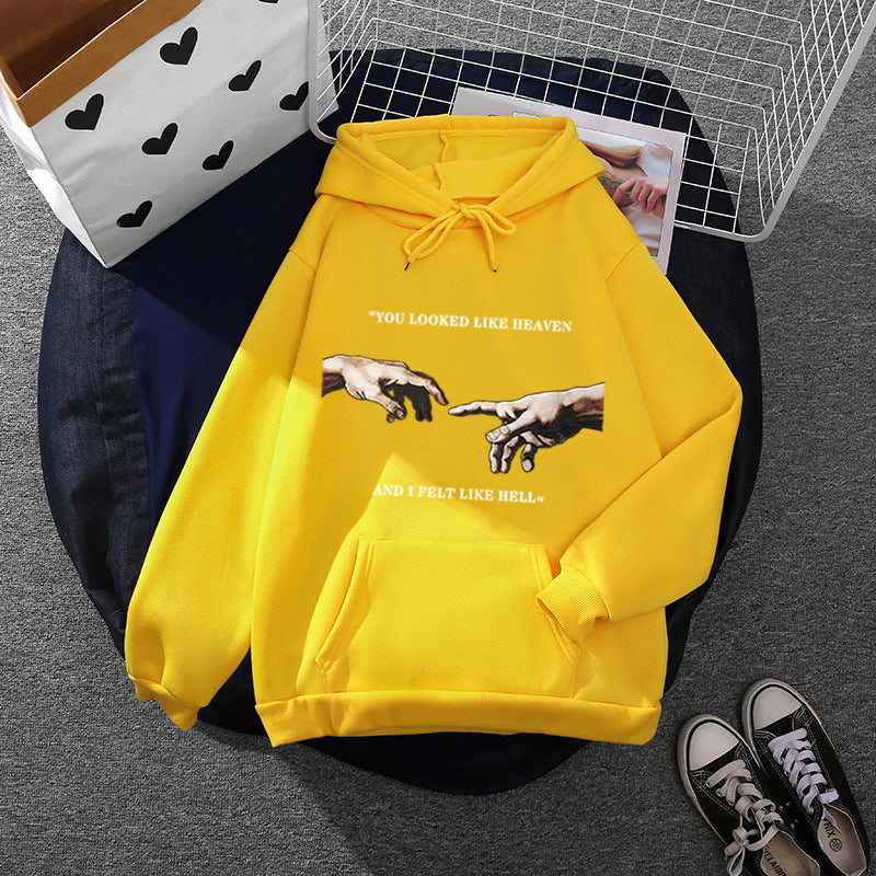 Damen Oversize Kapuzenpullover mit Kängurutasche und Renaissance‑Handmotiv, weiches Fleece Innenfutter – Auréline