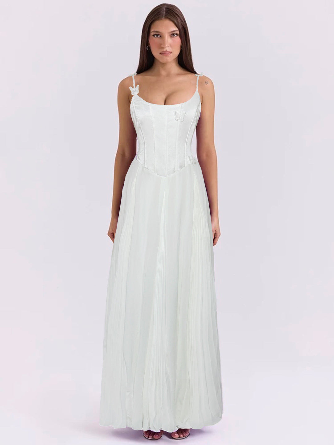 Damen nan figurbetontes Korsett-Maxikleid mit Schmetterlings-Trägern und plissiertem Chiffonrock Echo Archiv