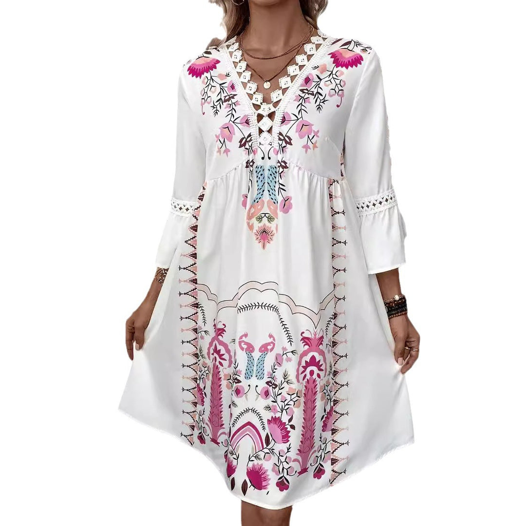 Damen Boho-Kleid mit Stickerei, Häkel-V-Ausschnitt und ausgestellter A-Linie Echo Archiv