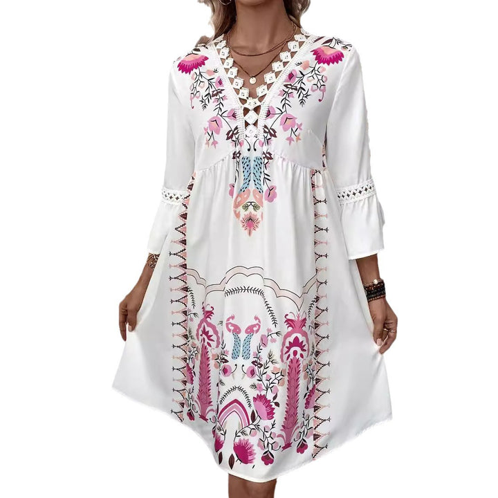 Damen Boho-Kleid mit Stickerei, Häkel-V-Ausschnitt und ausgestellter A-Linie Echo Archiv