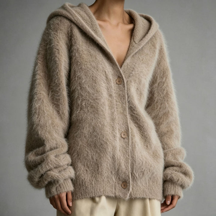 Damen Flauschiger Kapuzen-Cardigan im Mohair-Look mit Knopfleiste – Veloura