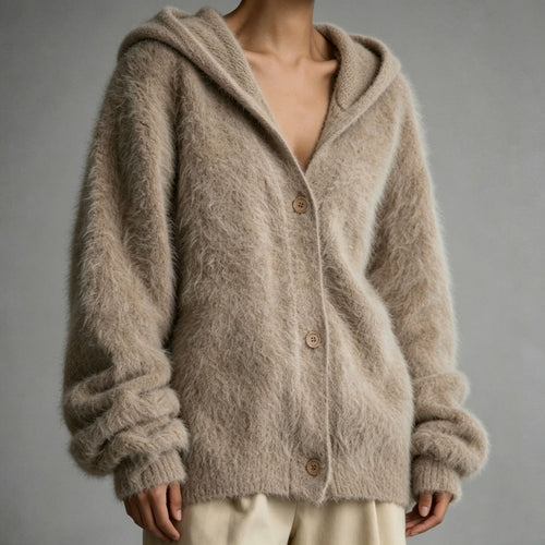 Damen Flauschiger Kapuzen-Cardigan im Mohair-Look mit Knopfleiste – Veloura