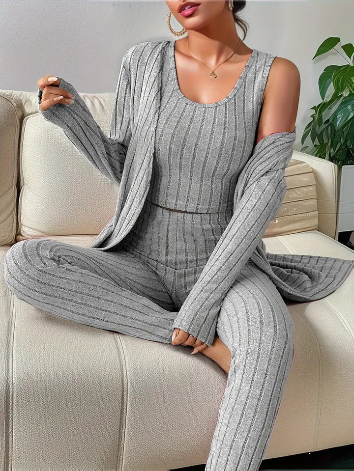 Damen Geripptes Lounge-Set mit Cropped-Top, High-Waist-Leggings und Longcardigan Echo Archiv