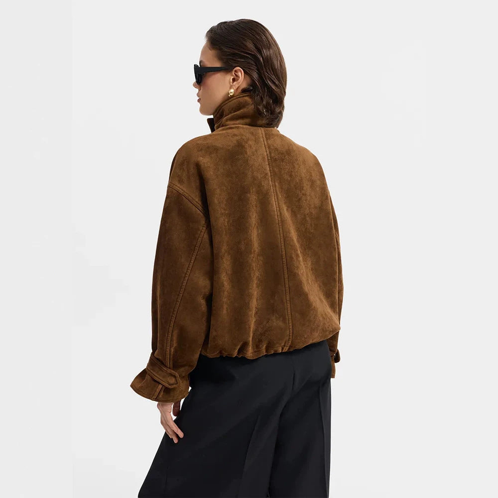 Damen Oversize Veloursleder-Blouson mit großen Pattentaschen und Stehkragen Echoarchiv